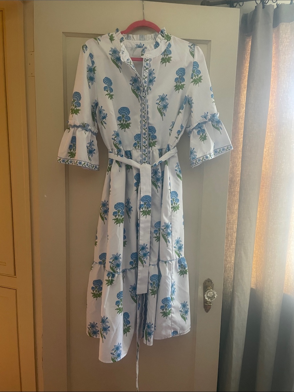 Ladies White Dress with Blue Floral Print and Ruffle Details